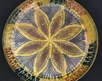 Handmade Uzbek ceramic plate floral design | Hand painted Uzbek Lagan platter yellow traditional pottery 34cm/13.5''