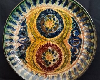 Handmade Uzbek ceramic plate floral design | Hand painted Uzbek Lagan platter yellow traditional pottery 34cm/13.5''