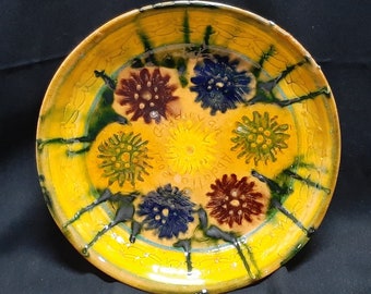 Handmade Uzbek ceramic plate floral design | Hand painted Uzbek Lagan platter yellow traditional pottery 27cm/10.6''