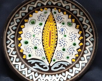 Handmade Uzbek ceramic small plate oriental design | Hand painted Uzbek Lagan platter yellow traditional pottery 21cm/8.2''