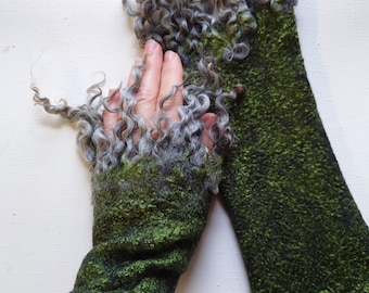 Long fingerless gloves, green felt mittens with locks, wool arm warmers for women