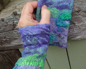 Wool fingerless mittens, violet green wool gloves, warm gift for her