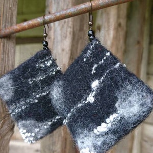 Black white chunky earrings, felted wool jewelry, geometric beaded earrings