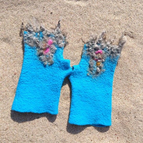 Mitaines turquoise Gants en feutre Chauffe-mains feutré Cadeau d’anniversaire en laine