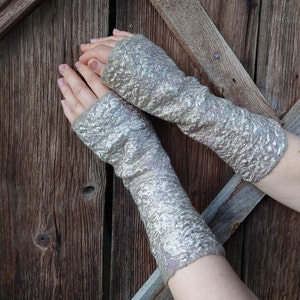 Long felt fingerless gloves, wool wrist warmers, felt wool accessory for women image 4