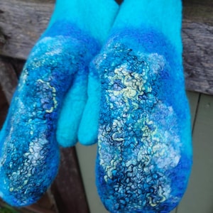 Felted wool mittens Turquoise blue gloves Felt arm warmers