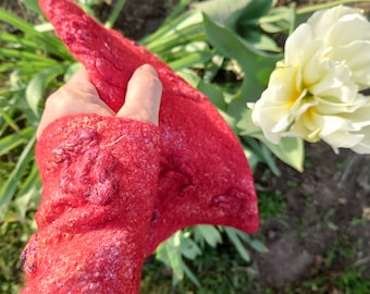 Red floral mittens, Felt  fingerless gloves,  wool arm warmers, gift for her