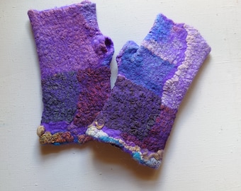 Felt wool gloves, purple mittens, wool arm warmers, unique gift for her