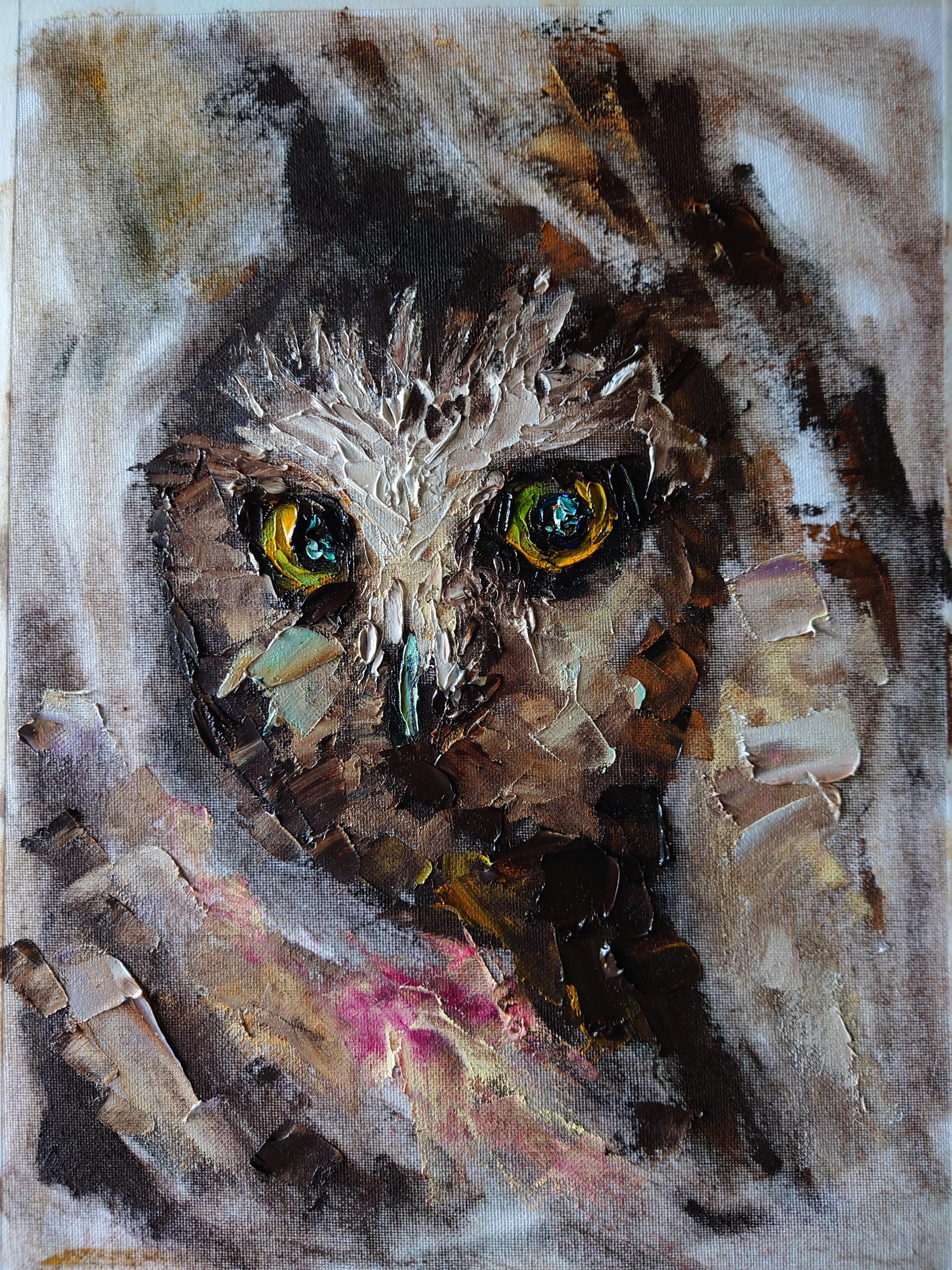 Original Owl Oil Painting, Heavy Impasto Woodland Bird Canvas Art 30x40cm