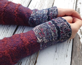 Wool fingerless gloves, dark red mittens, wool arm warmers