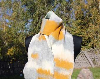 Handmade wool scarf, mustard yellow scarf for women, wet felting, merino wool neck warmer