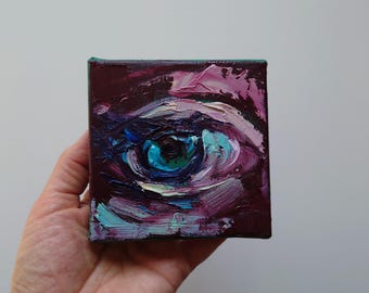 Miniature Eye Oil Painting, 4x4 in Micro Art, "Mirrors of the Soul" No. 2 by DaliaFineArtStudio