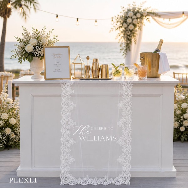 Custom Lace Bar Menu Sign, Sheer Wedding Bar Banner, Signature Cocktail & Drink Menu, Printed on Linen, Modern Wedding Anniversary Decor