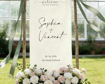 Personalized Wedding Welcome Sign Fabric Banner, Custom Linen Signage for Baby Shower, Engagement Party, Boho Ceremony, Rustic Wedding Decor