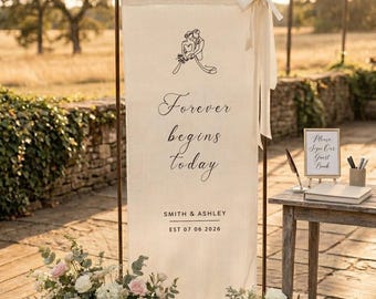 Wedding Welcome Sign, Fabric Linen Sign, Personalized Name Wedding Sign, Custom Wedding Ceremony Boho Modern Wedding Welcome Decor