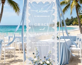 Outdoor Lace Wedding Welcome Sign, Custom Romantic Wedding Banner, Fabric Ceremony Reception Signage, Beach Wedding Decor