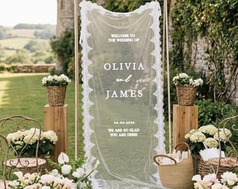 Sheer Lace Wedding Welcome Sign, Personalized Romantic Wedding Banner, Fabric Ceremony Reception Signage, Custom Wedding Decor
