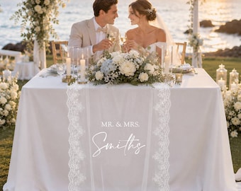 Lace Wedding Table Runner, Personalized Custom Linen Banner, Name Decor Sweetheart Reception, Elegant Lace Sign, Sweetheart Table Decor