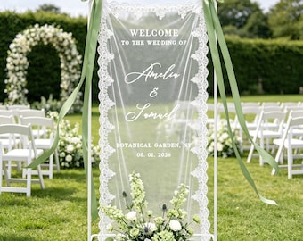 Sheer Lace Wedding Welcome Sign: Personalized Modern Wedding Banner, Custom Wedding Decoration, Personalized Lace Edge Sign