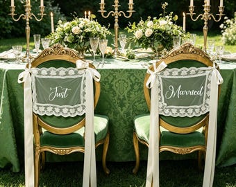 Personalized Lace Chair Signs, Just Married Chair Sign for Bride and Groom, Wedding Chair Covers, Sheer Lace Signs, Wedding Chair Decor