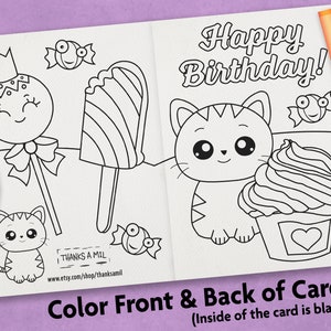 Carte de coloriage joyeux anniversaire | Carte imprimable pour enfant | Carte à colorier avec enveloppe | Impression et couleur | Carte de chat mignon | Coloriage chat