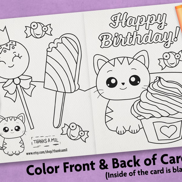 Happy Birthday Coloring Card | Printable Card for Child | Coloring Card with Envelope | Print and Color | Cute Cat Card | Cat Coloring Page