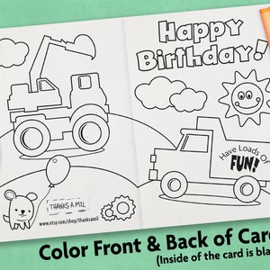 Carte de coloriage joyeux anniversaire | Carte imprimable pour enfant | Carte à colorier avec enveloppe | Impression et couleur | Camions
