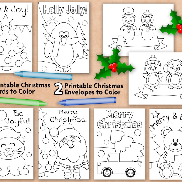 Cute Christmas Card Set to Color | Printable Cards with Envelopes |Christmas Coloring Pages