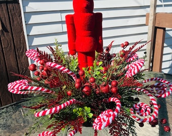 Handmade Nutcracker Christmas Centerpiece: Red Velvet, Candy Cane Decor