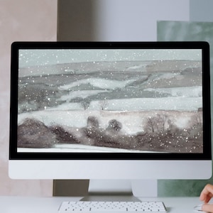 Watercolour landscape desktop wallpaper. Digital background. &quot;Newlands Corner in the snow&quot;. Surrey landscape