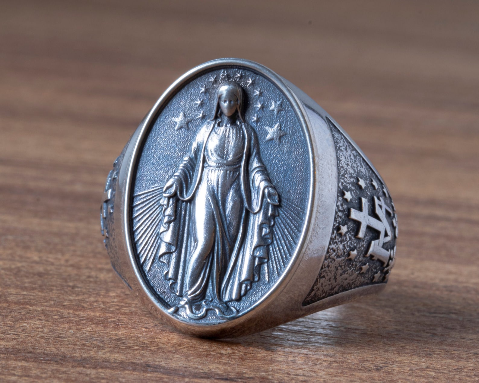 Sterling Silver Virgin Mary Silver Ring Jesus Medal Our Lady Etsy
