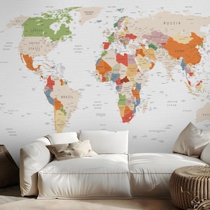 Carta da parati adesiva con mappa del mondo colorata, grande murale rimovibile personalizzato per cameretta o aula, murale educativo autoadesivo