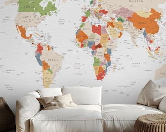 Colorful World Map Wallpaper, Kids Room Peel and Stick Wall Mural