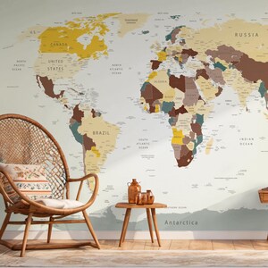 Yellow World Map Peel and Stick Wallpaper, World Map Wall Mural for Office or Living Room, Retro Map Wall Art, Geography Wall Mural