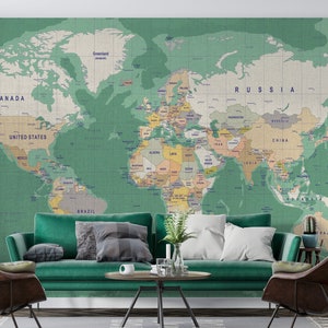 Green Background World Map Wallpaper | World Map Wallpaper | Self Adhesive wallpaper | Removable Wallpaper | Peel and Stick Wallpaper