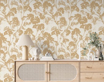 Golden Beige Floral Wallpaper, Vintage Botanical Peel and Stick Wall Mural, Elegant Nature Decor