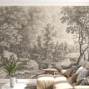 Vintage Scenic Wallpaper / Vintage Wallpaper / Landscape Panoramic Wallpaper / Peel and Stick Wallpaper / Removable Wallpaper /Self Adhesive