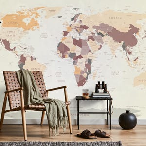 Soft Tints World Map Peel and Stick Wallpaper, Pastel Wall Mural for Office or Study, Minimal Travel Mural, Modern Geography Wall Art