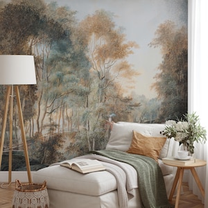 Vintage Landscape Wall Mural, Forest Tree Panoramic Peel and Stick Wallpaper