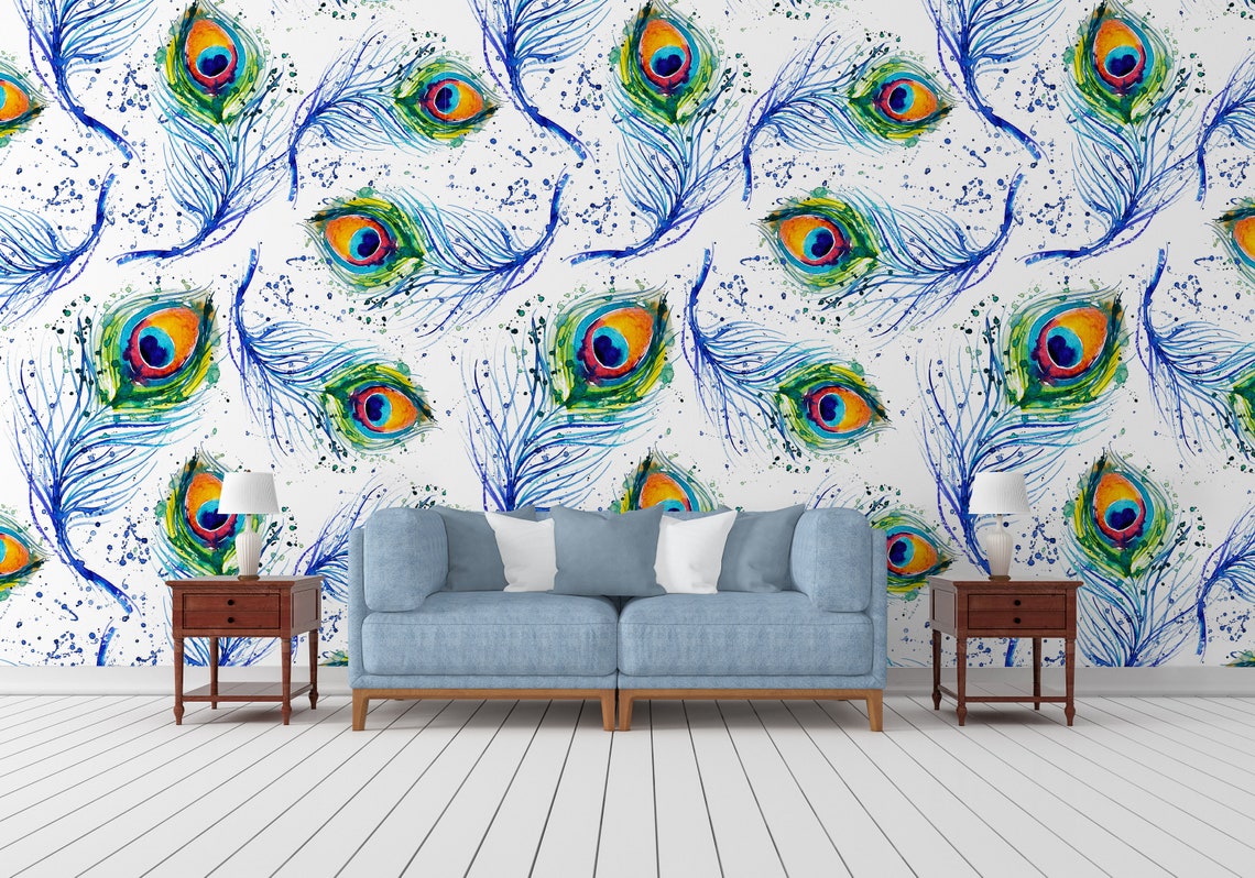 Peacock Feather Wallpaper / Peel and Stick / Removable / Blue | Etsy