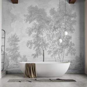 Gray Forest Peel and Stick Wall Mural, Vintage Landscape Wallpaper