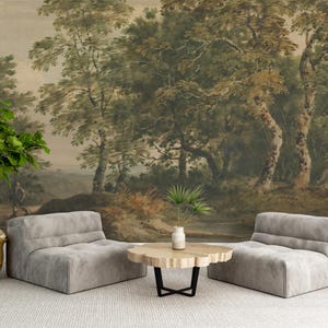 Green Landscape Wall Mural, Peel and Stick Forest Tree Wallpaper, Panoramic Scenic Wall Mural for Traditional and Timeless Interiors