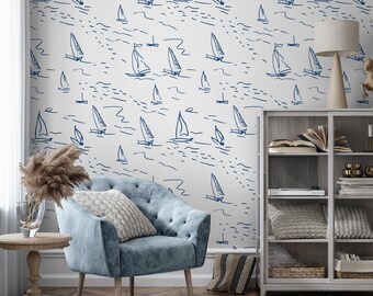 Nautical Sailboat Wallpaper, Coastal Nursery Peel and Stick Wall Mural