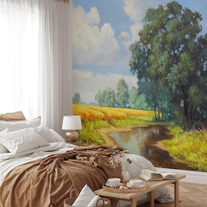Vintage Green Tree Wallpaper, Peel and Stick Landscape Wall Mural, Nature Wallpaper for Bedroom or Living Room, Self-Adhesive Wallpaper