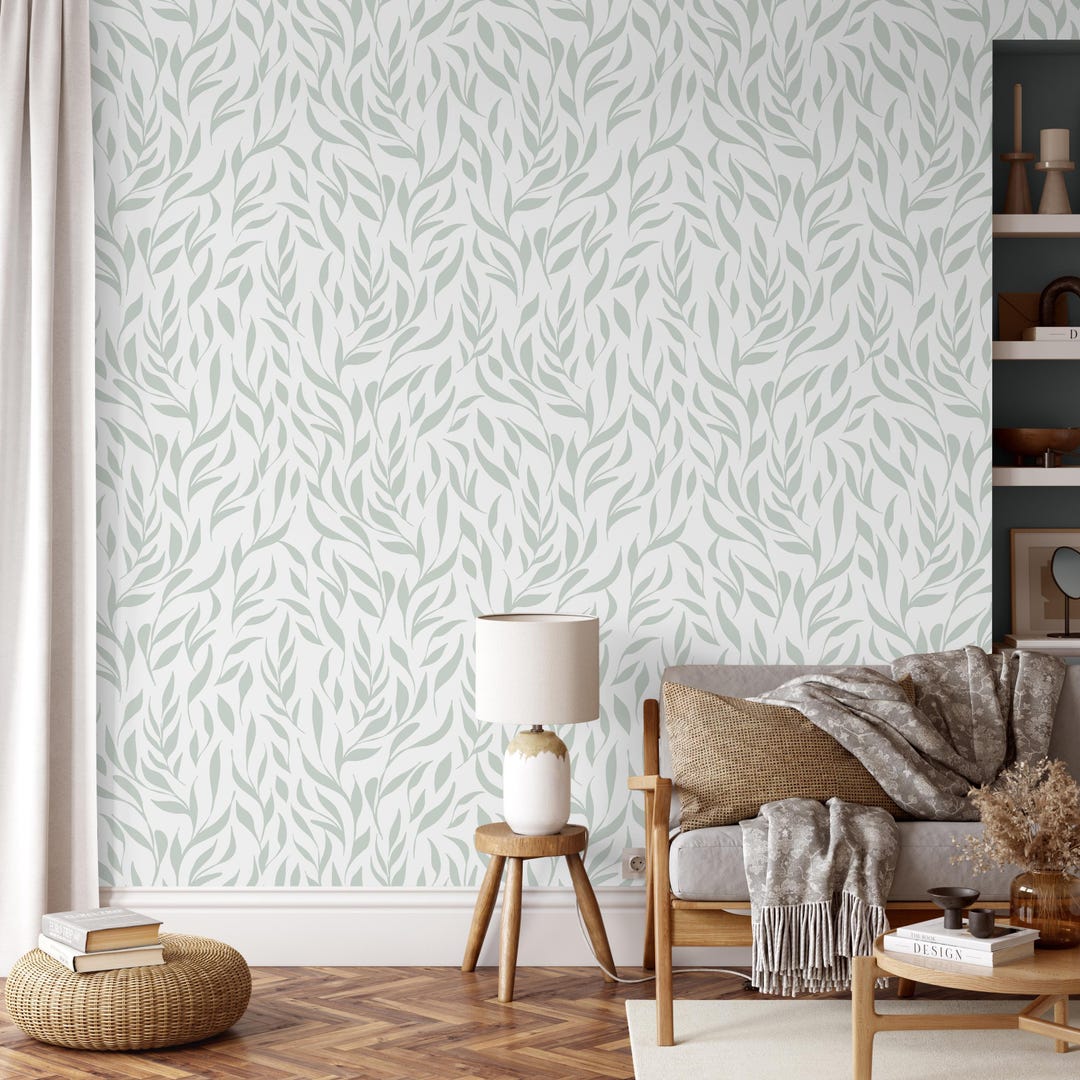 Soft Green Leaf Wallpaper, Minimal Botanical Peel and Stick Wall Mural ...
