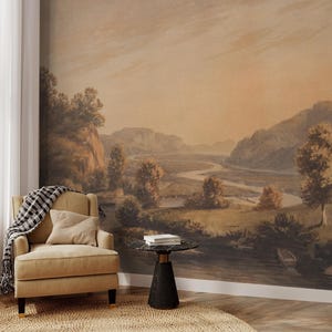 Carta da parati murale con paesaggio vintage, murale con scena di foresta panoramica scura, murale con natura rustica, murale rimovibile senza tempo per interni eleganti