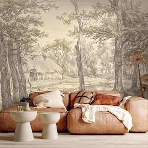 Rustic Peel and Stick Wallpaper: Vintage Countryside Landscape Mural