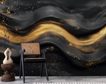 Black Marble Wall Mural, Gold Vein Peel and Stick Wallpaper