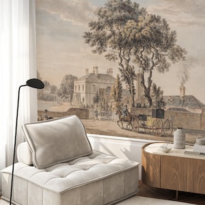 Vintage Landscape Wall Mural, Rural Horse Carriage Scenic Peel and Stick Wallpaper