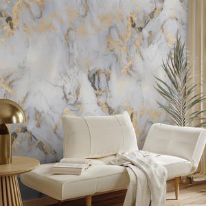 Carta da parati staccabile e adesiva in marmo bianco, murale con venature dorate per bagno o cucina, moderno arredo elegante e rimovibile autoadesivo